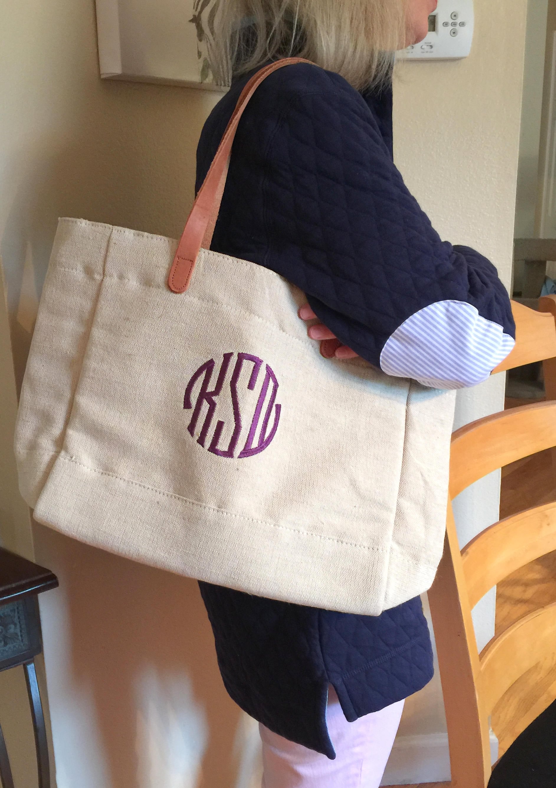 Linen and Leather Tote with Seal Monogram