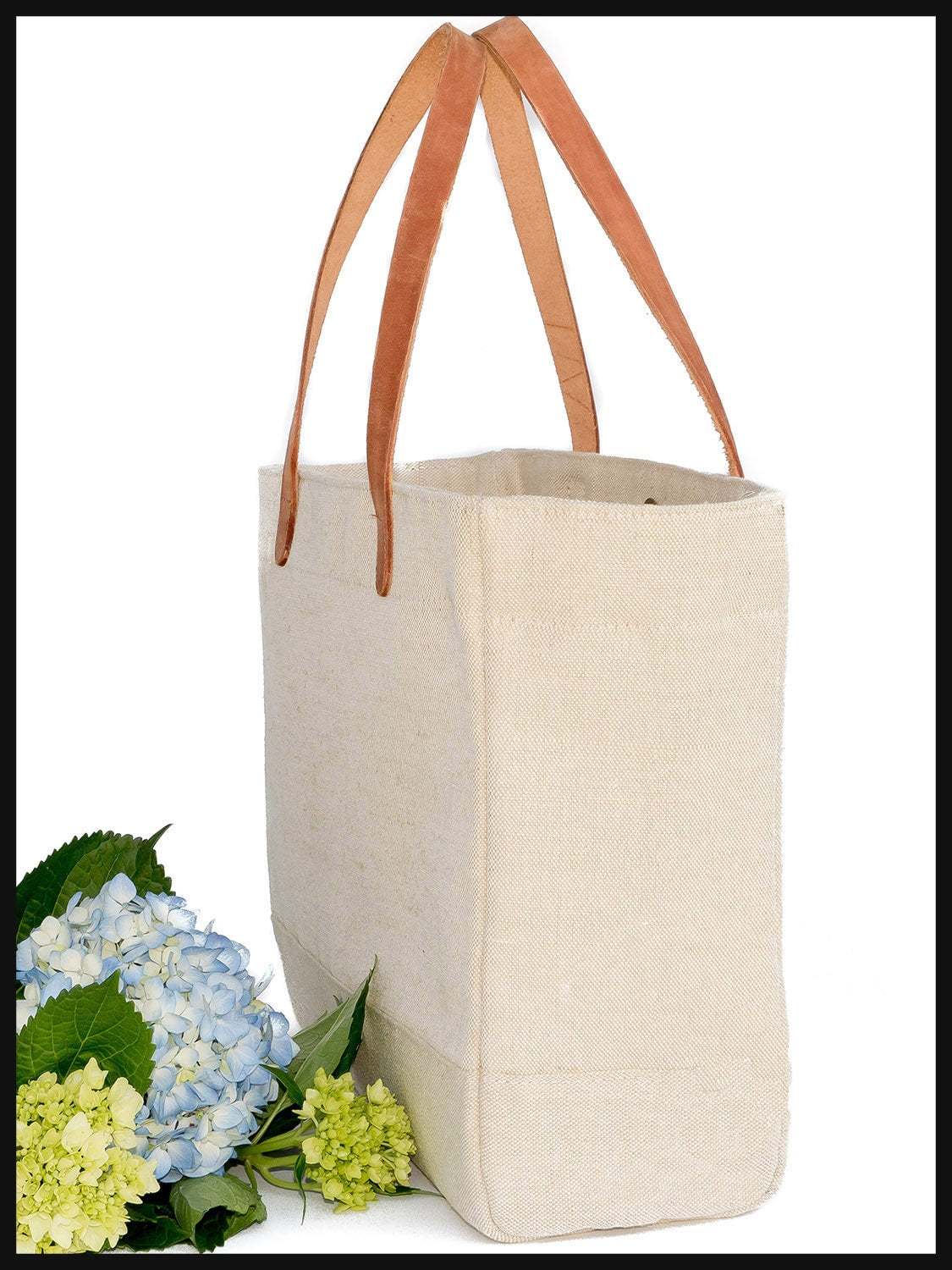 Linen and Leather Tote , Genuine Leather Handles Tote