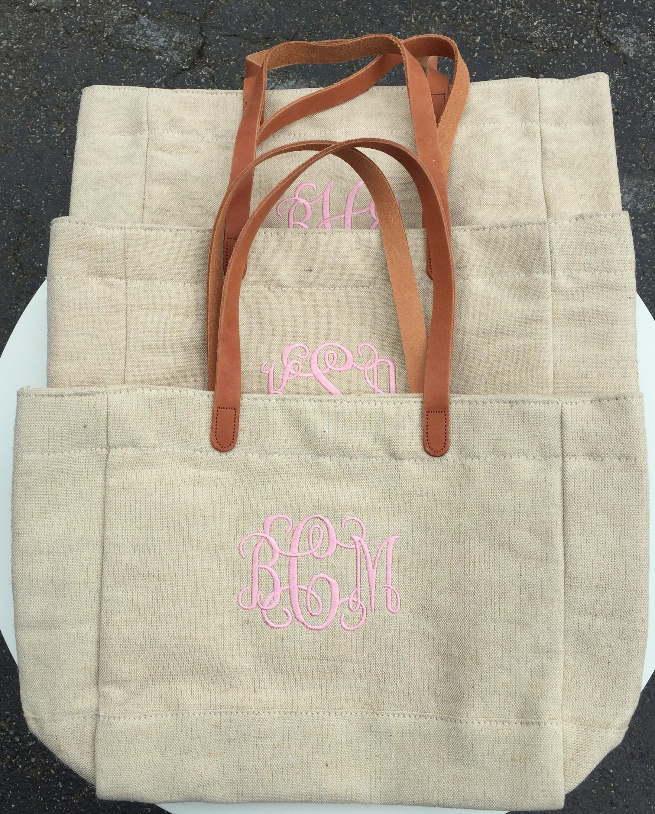 Linen and Leather Tote , Genuine Leather Handles Tote