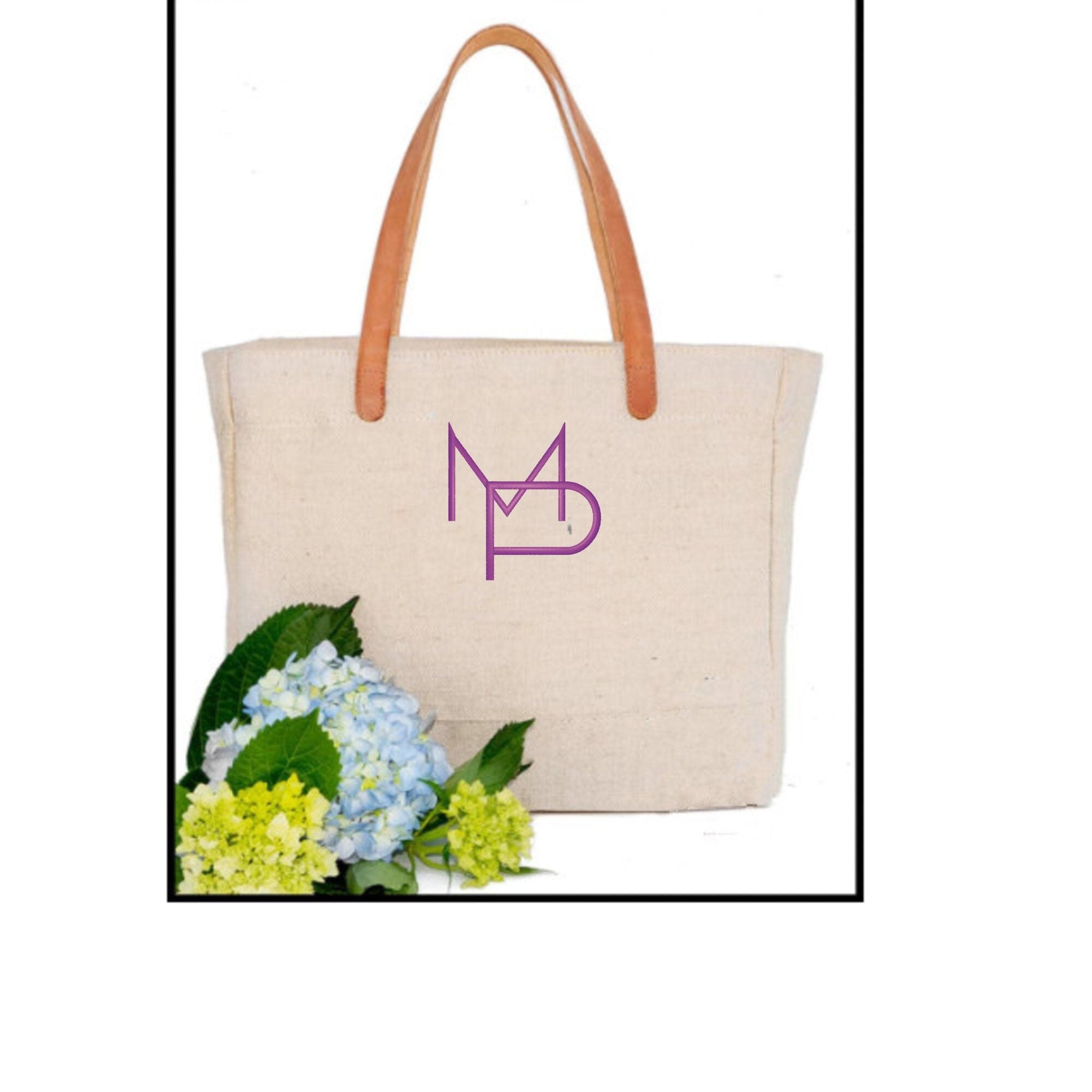 Linen and Leather Tote -Deco Monogram