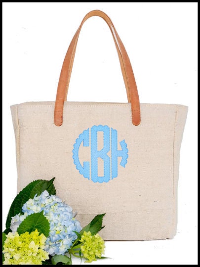 Linen and Leather Tote - Scallop Monogrammed Girlfriend Gift