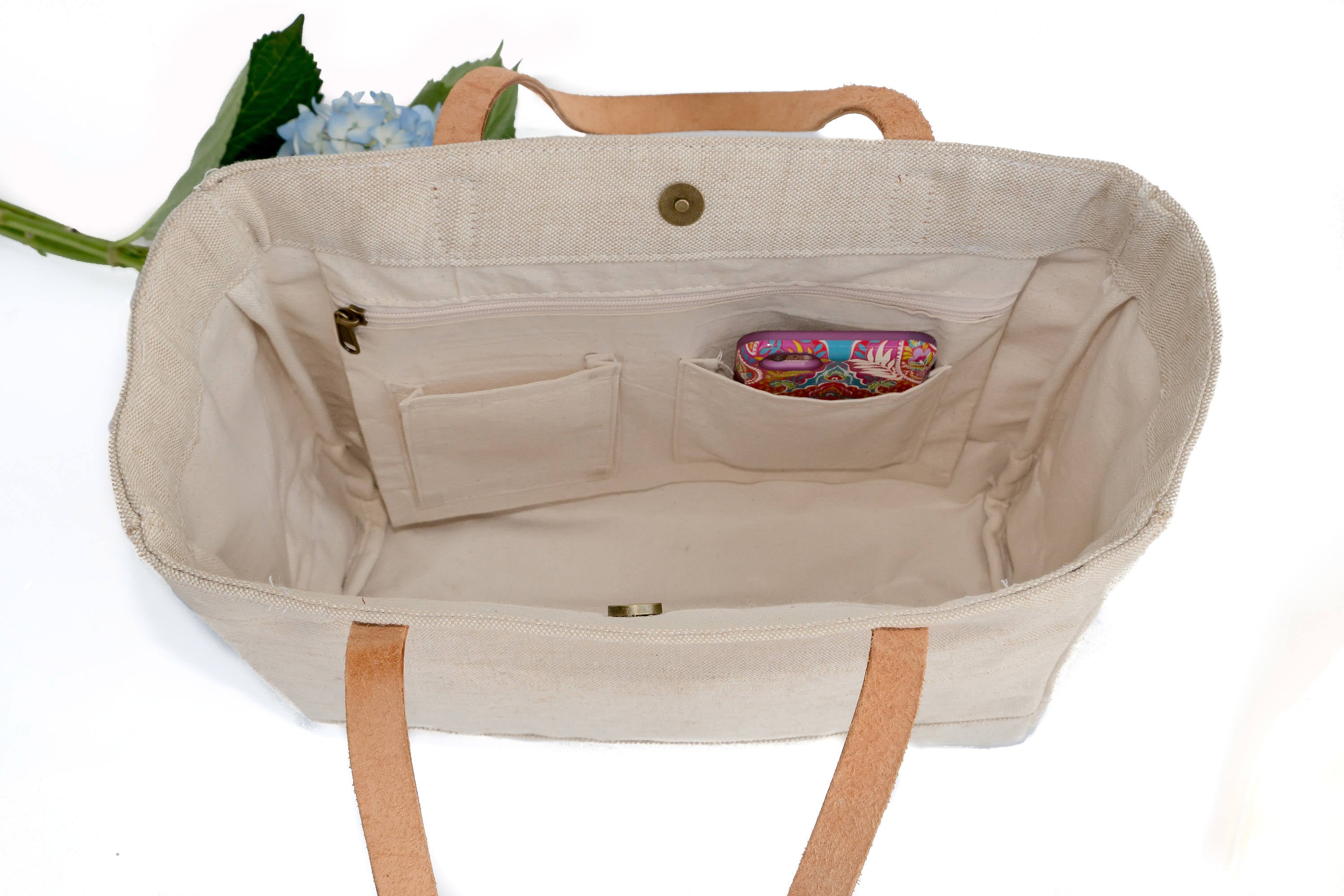 Linen and Leather Tote with Seal Monogram